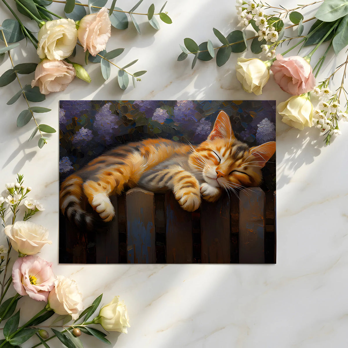 Sleeping Tabby Cat Floral Mural Wallpaper —Oil Painting Style Mural Wallpaper - room preview 03
