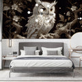 Nocturnal Owl and Blossom Mural Wallpaper —Moody Monochrome Mural Wallpaper - room preview 03
