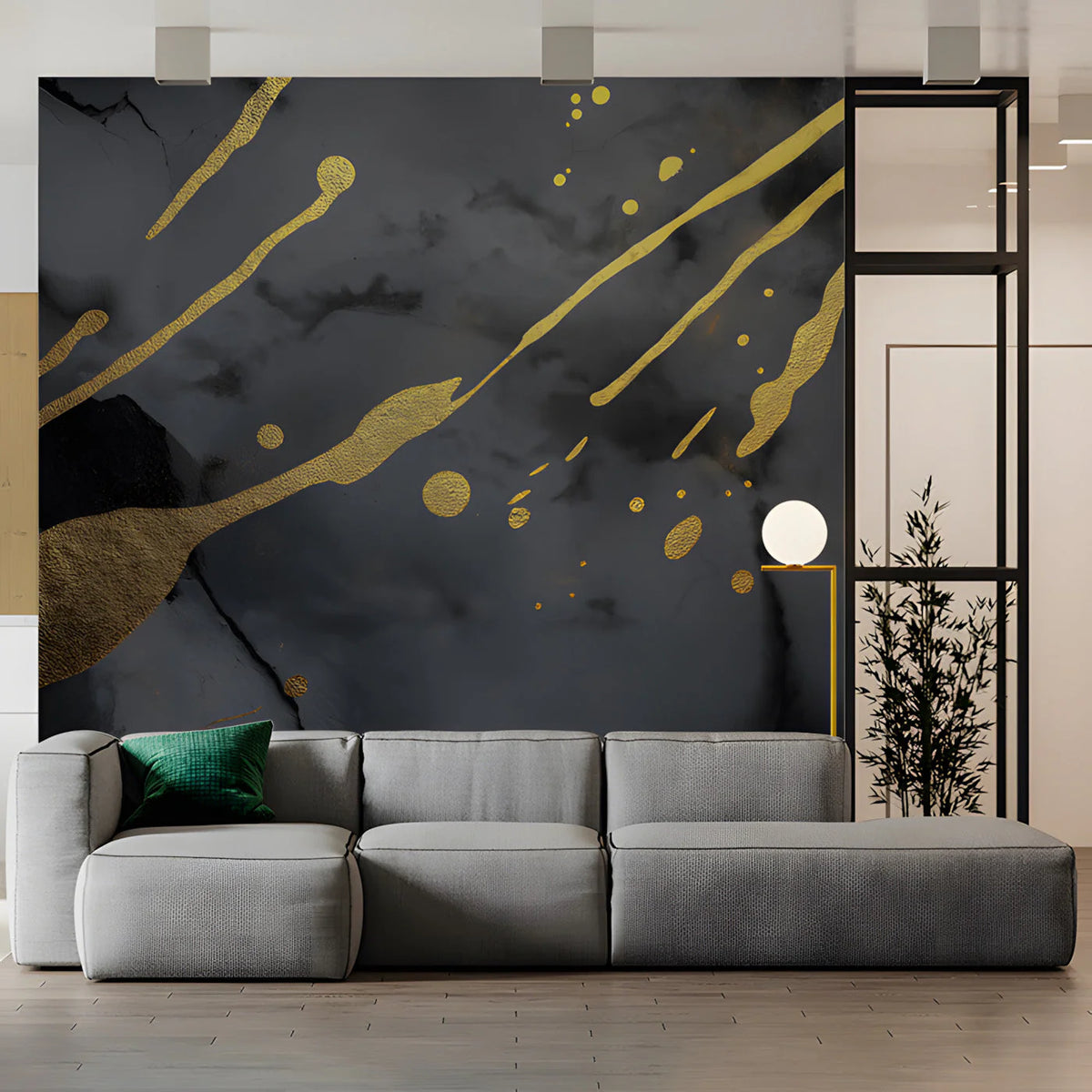 Black and Gold Splatter Mural Wallpaper — Dramatic Abstract Mural Wallpaper - room preview 03