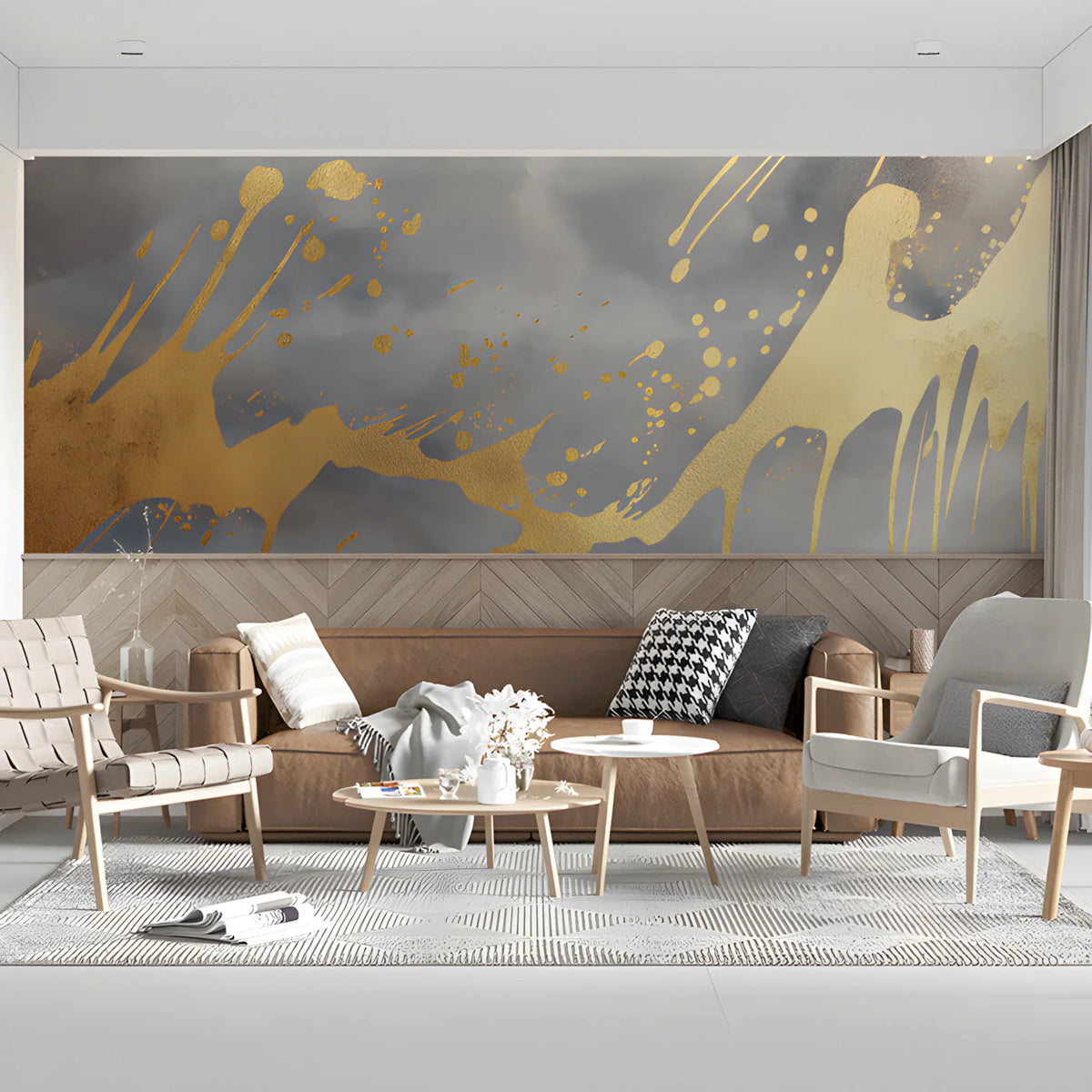 Metallic Gold Drip Mural Wallpaper — Abstract Concrete Finish Mural Wallpaper - room preview 03