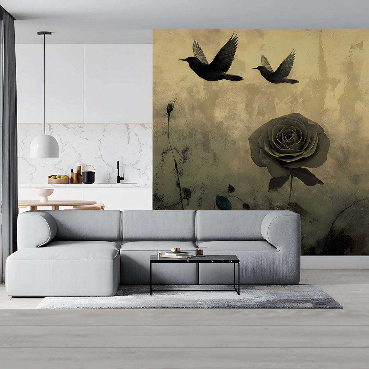 Vintage Rose and Bird Mural Wallpaper in Sepia Tones Mural Wallpaper - room preview 03