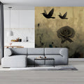 Vintage Rose and Bird Mural Wallpaper in Sepia Tones Mural Wallpaper - room preview 03