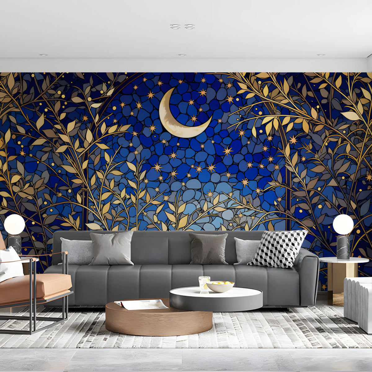 Celestial Stained Glass Mural Wallpaper — Midnight Botanical Mural Wallpaper - room preview 03