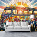 Stained Glass Vintage Van Mural Wallpaper — Vibrant Retro Style Mural Wallpaper - room preview 03