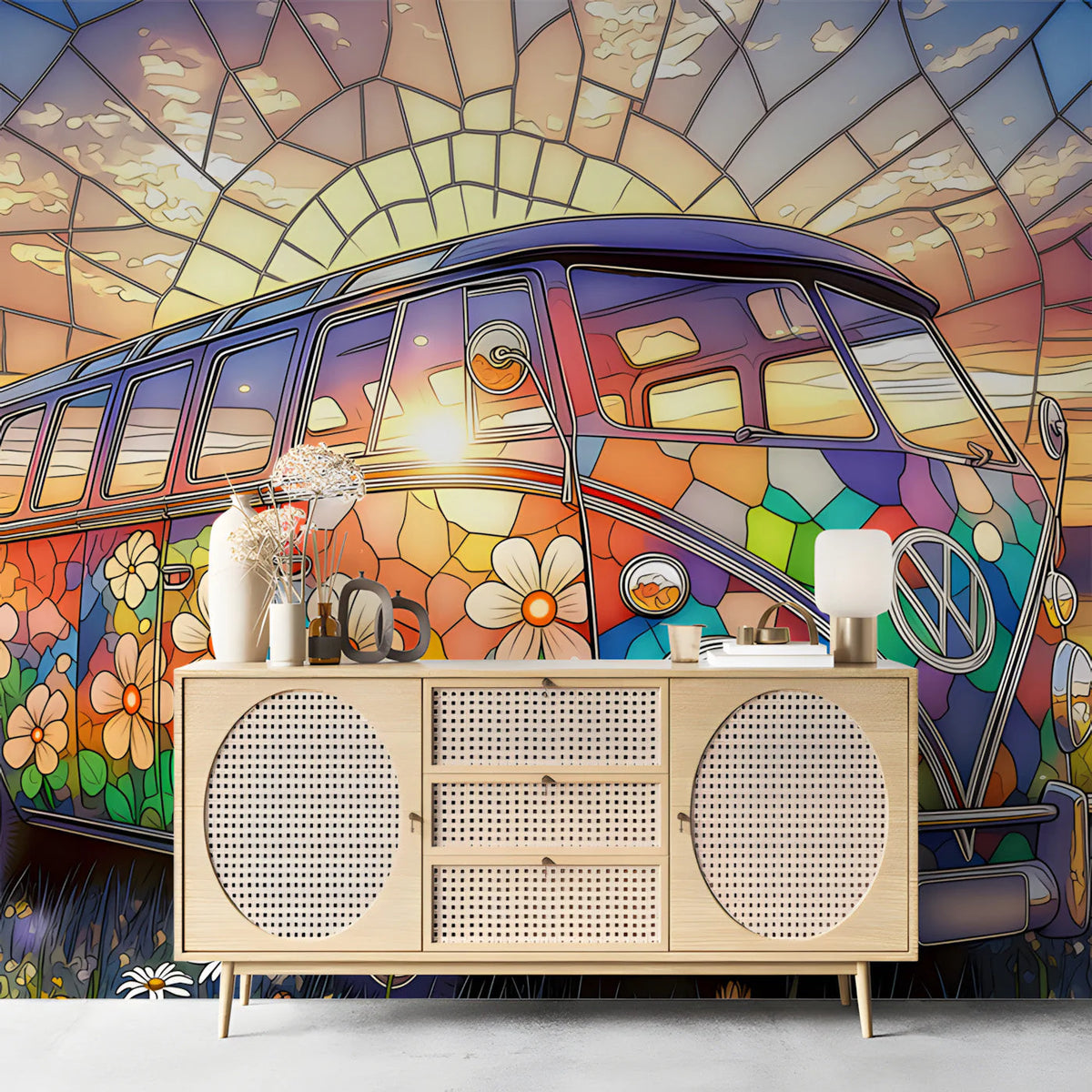 Stained Glass Retro Van Mural Wallpaper — Vibrant Floral Design Mural Wallpaper - room preview 03
