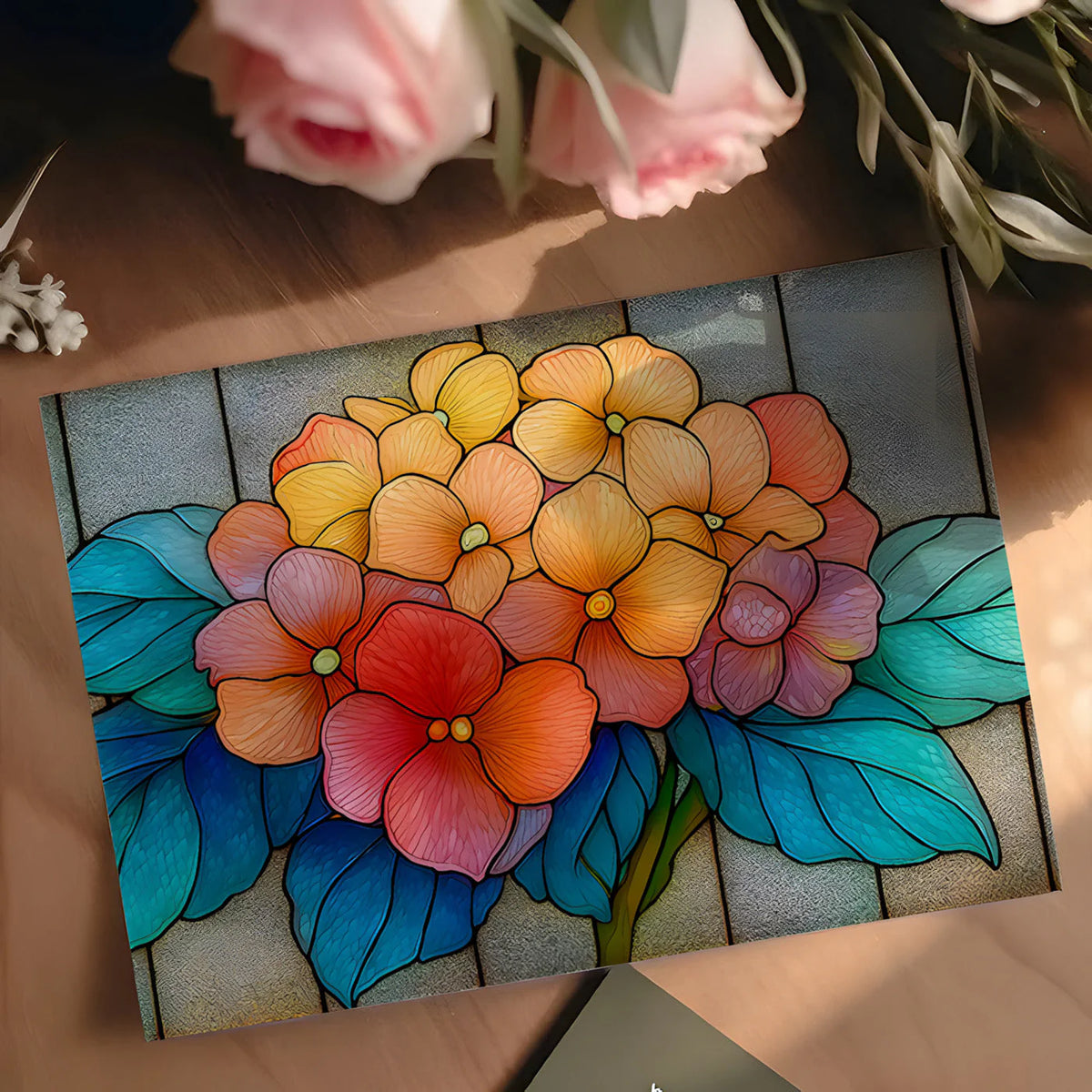 Stained Glass Floral Mural Wallpaper — Colorful Botanical Art Mural Wallpaper - room preview 03