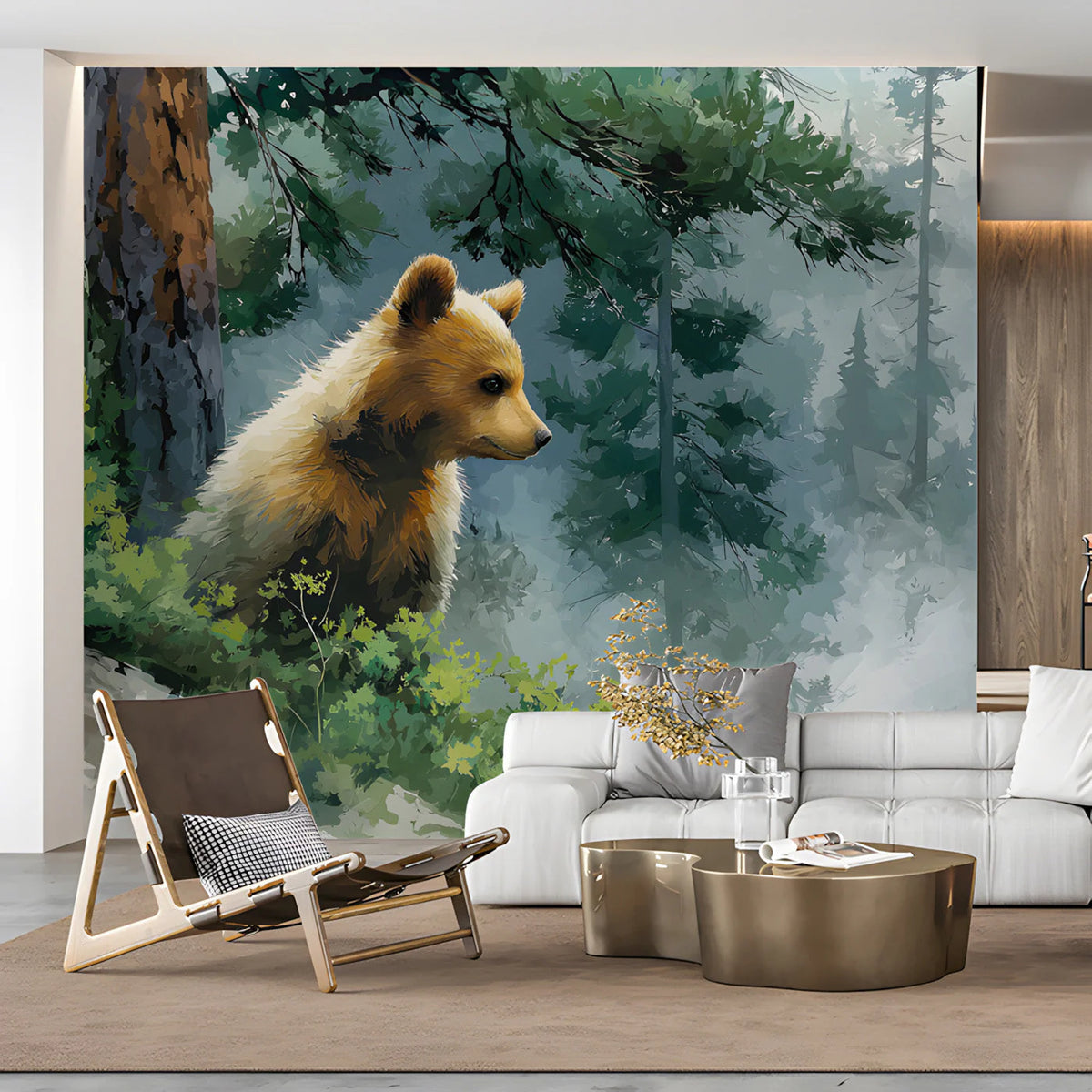 Little Bear in Misty Forest Mural Wallpaper — Impressionist Nature Mural Wallpaper - room preview 03