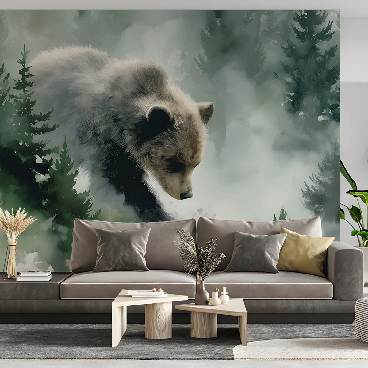 Mist-Covered Grizzly Bear Mural Wallpaper — Artistic Forest Design Mural Wallpaper - room preview 03