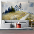 Watercolor Church Hillside Mural Wallpaper — Serene Landscape Mural Wallpaper - room preview 03