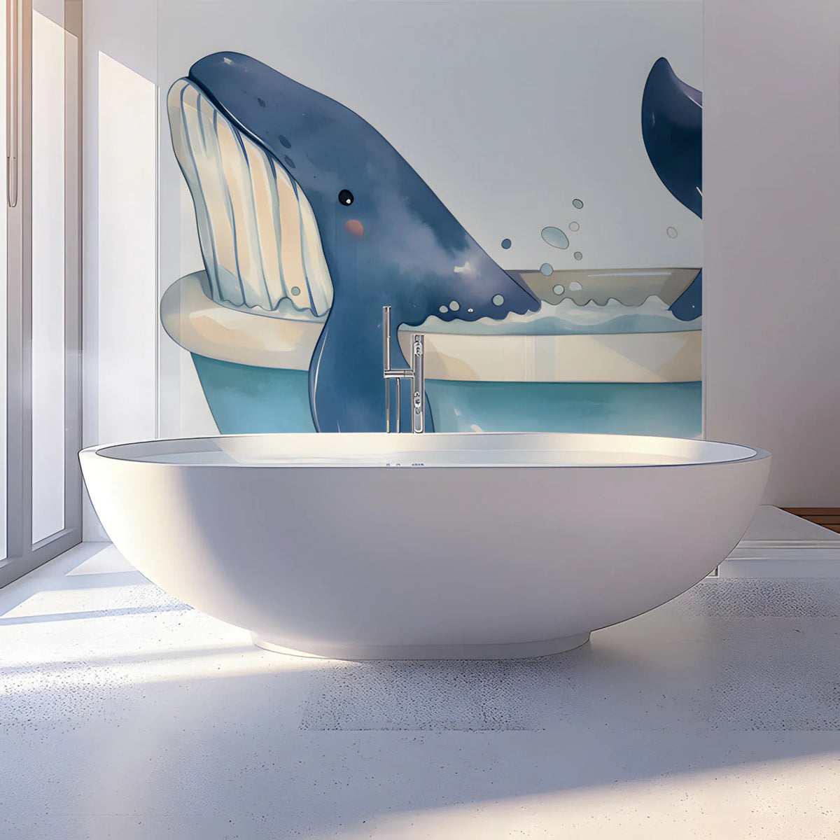 Whale in a Bathtub Mural Wallpaper — Whimsical Marine Illustration Mural Wallpaper - room preview 03
