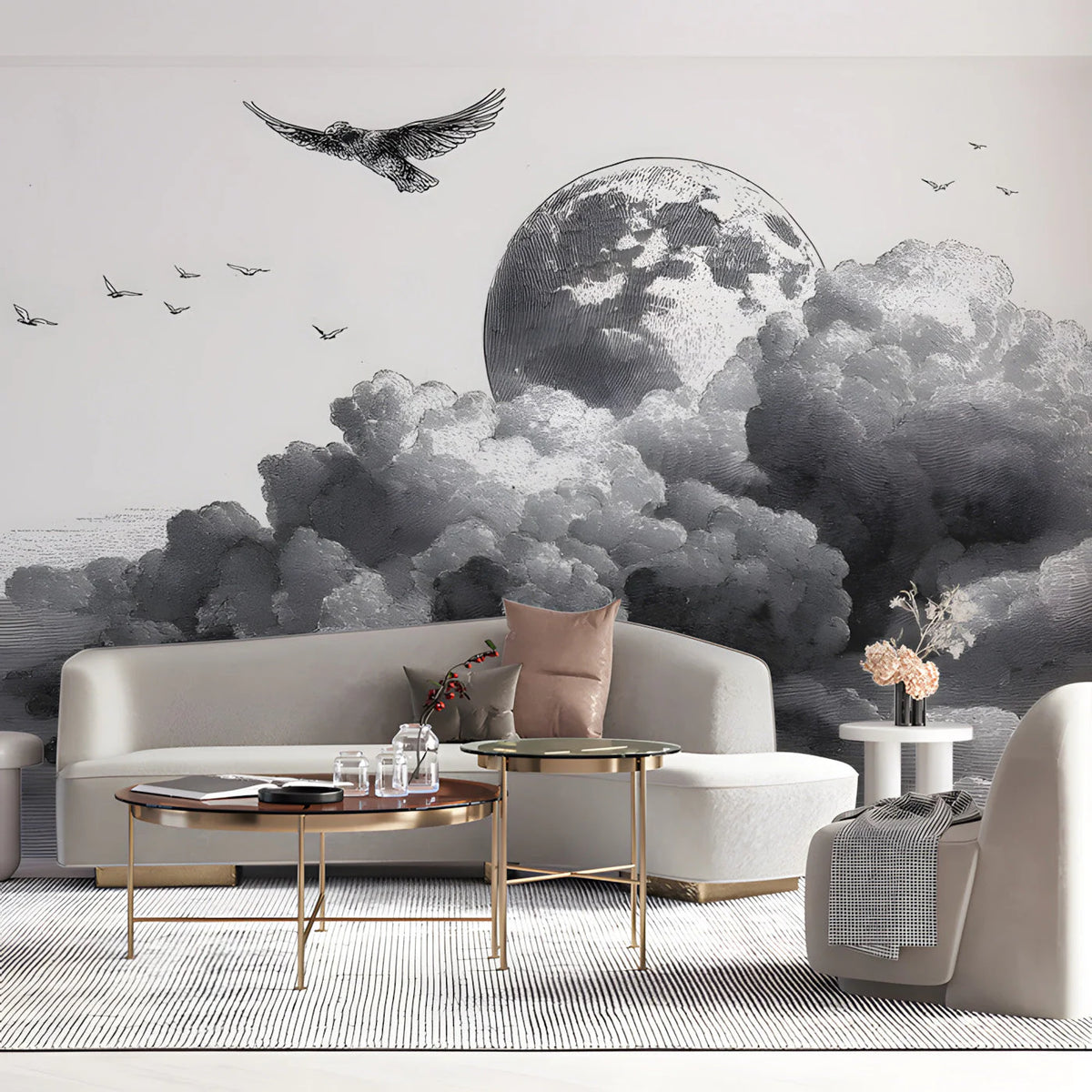 Lunar Clouds Etching Mural Wallpaper — Black and White Art Mural Wallpaper - room preview 03