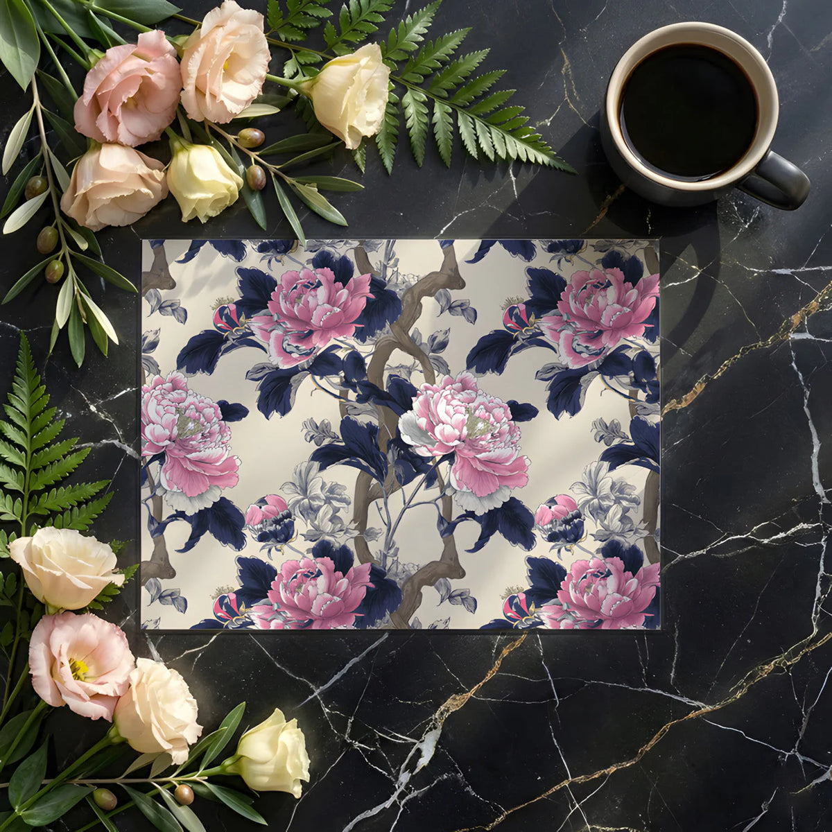 Vintage Peony Garden Mural Wallpaper in Pink and Navy Mural Wallpaper - room preview 03