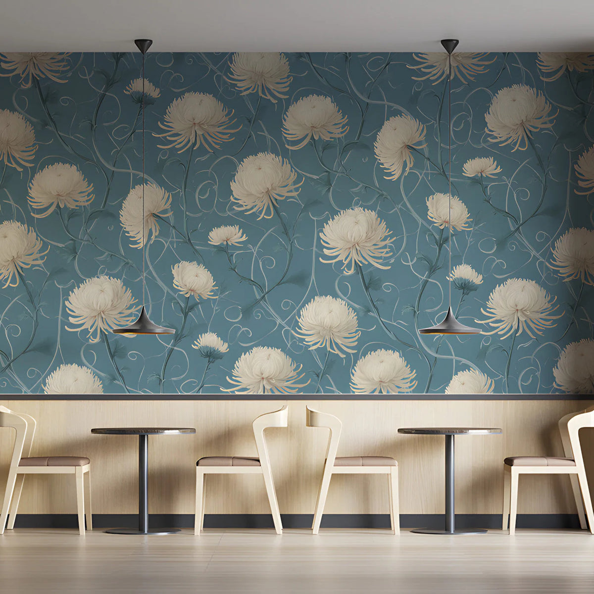 Vintage Chrysanthemum Floral Mural Wallpaper — Dusty Blue and Cream Mural Wallpaper - room preview 03