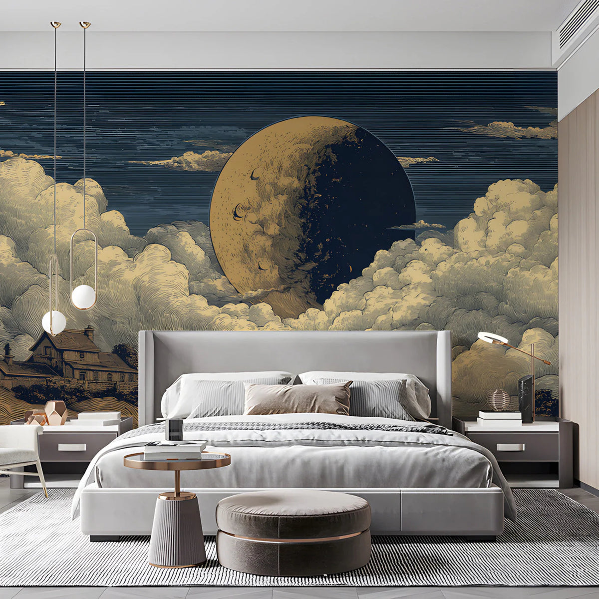 Midnight Celestial Landscape Mural Wallpaper — Engraved Art Style Mural Wallpaper - room preview 03