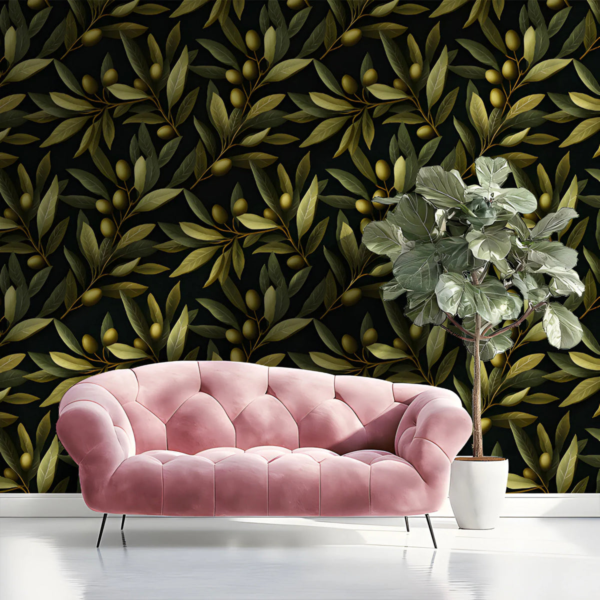 Mediterranean Olive Branch Mural Wallpaper in Deep Black Mural Wallpaper - room preview 03