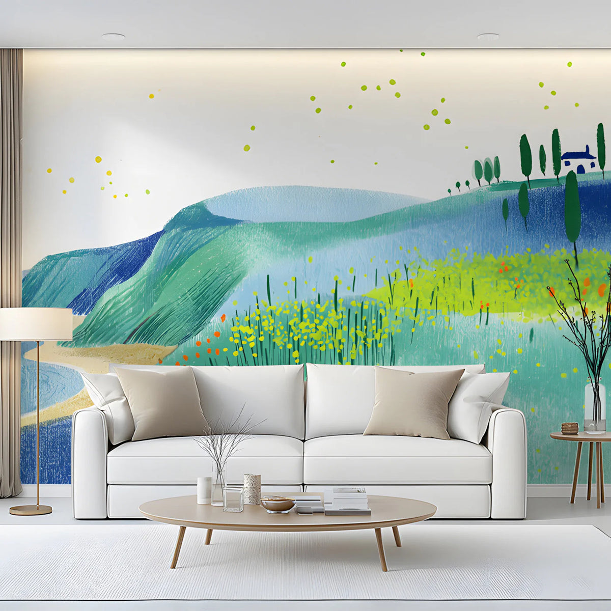 Mediterranean Coastal Landscape Mural Wallpaper — Whimsical Art Mural Wallpaper - room preview 03