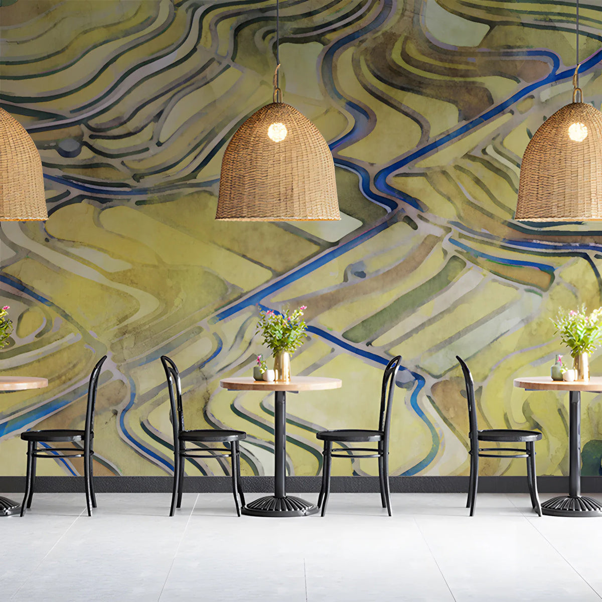 Terraced Fields Landscape Mural Wallpaper in Ochre and Cobalt Mural Wallpaper - room preview 03