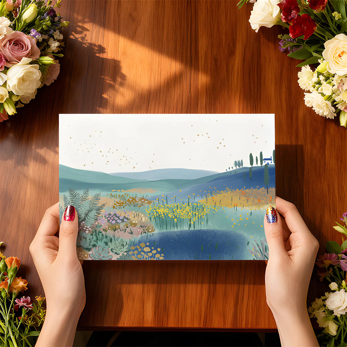 Meadow Horizon Mural Wallpaper — Artistic Painted Landscape Mural Wallpaper - room preview 03