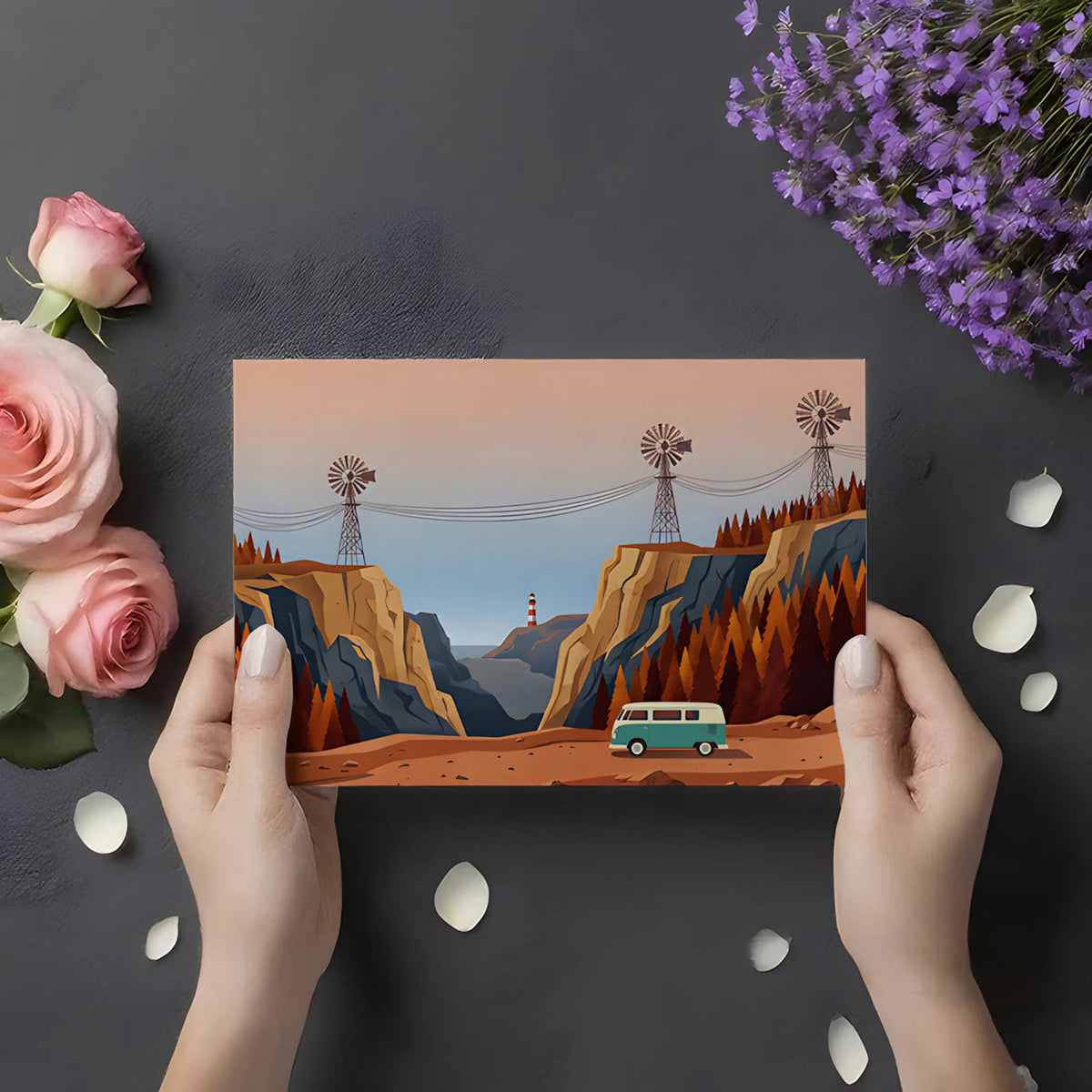 Coastal Windmill Valley Mural Wallpaper — Retro Travel Illustration Mural Wallpaper - room preview 03