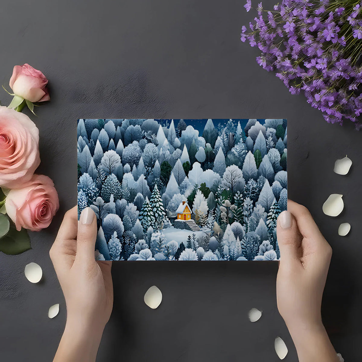 Winter Cabin in Frosty Forest Mural Wallpaper - room preview 03