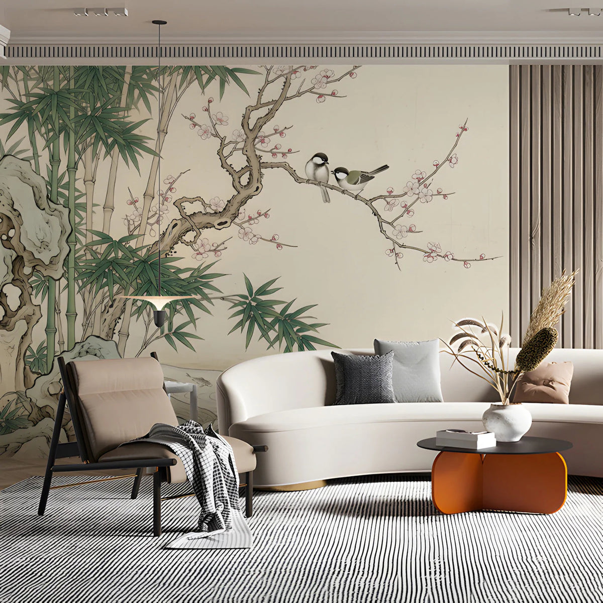 Oriental Garden Bamboo & Bird Mural Wallpaper — Artistic Ink Style Mural Wallpaper - room preview 03