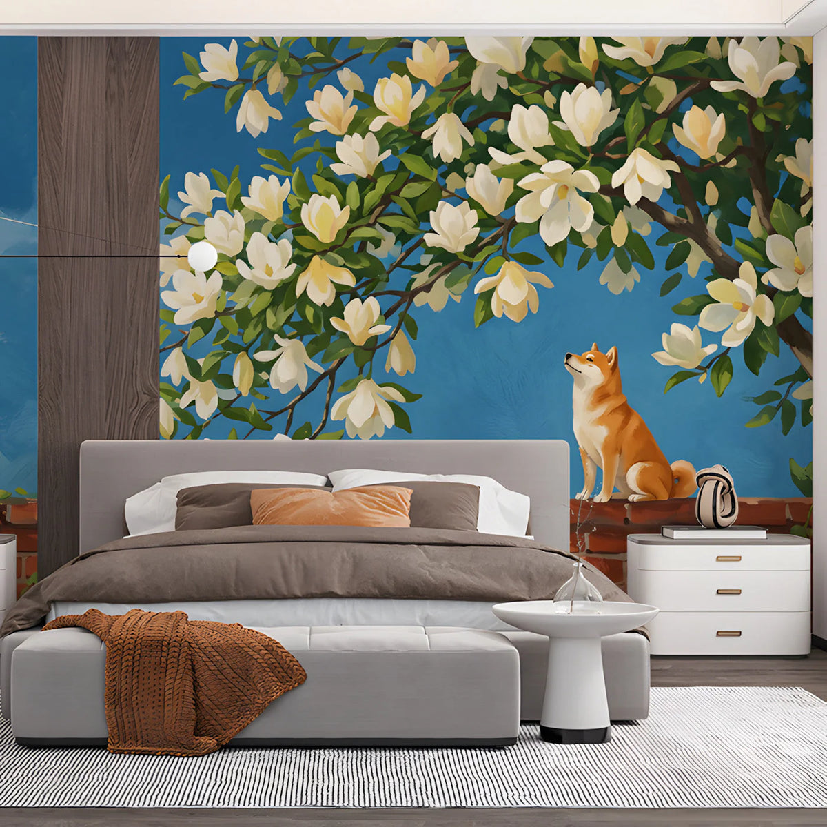 Shiba Inu and Magnolia Blossom Mural Wallpaper - room preview 03