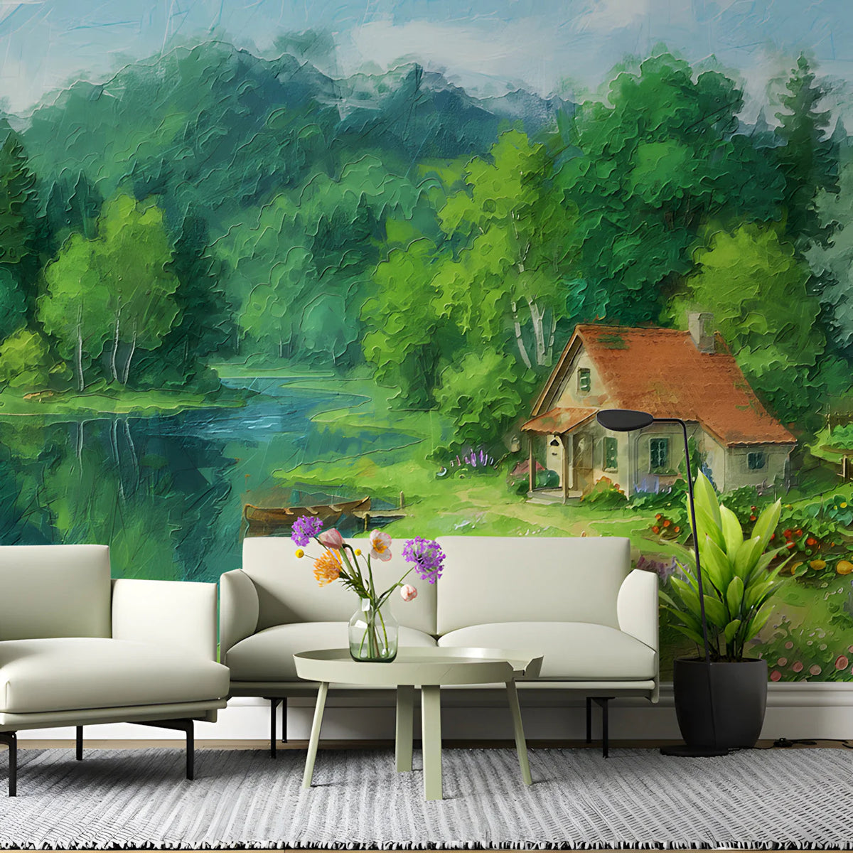 Cottage by the Lake Impressionist Landscape Mural Wallpaper - room preview 03