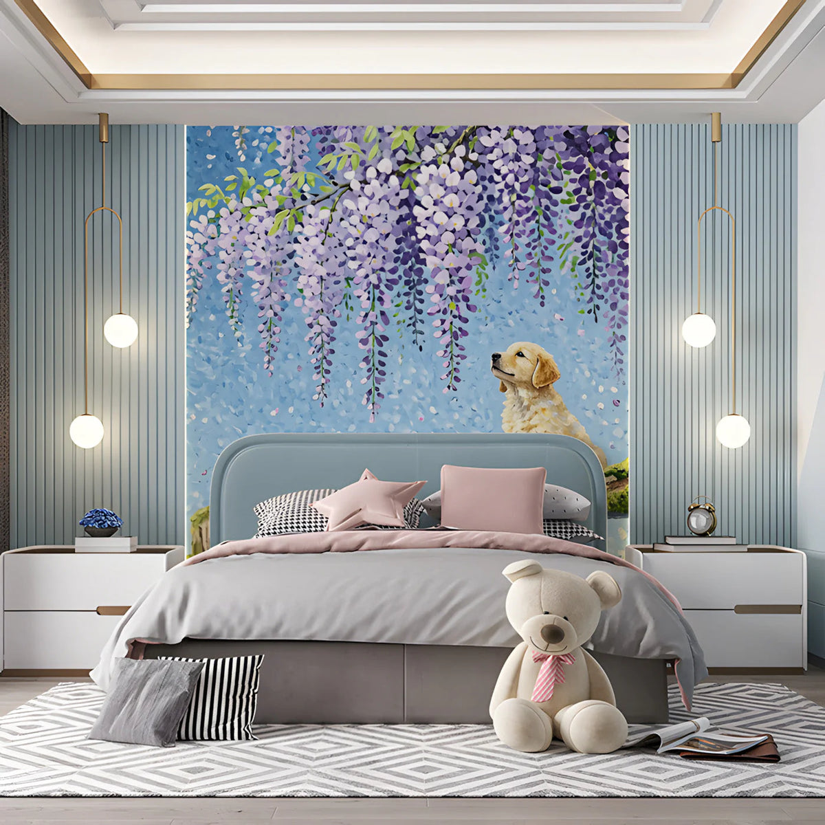 Wisteria and Golden Puppy Mural Wallpaper — Impressionistic Scene Mural Wallpaper - room preview 03