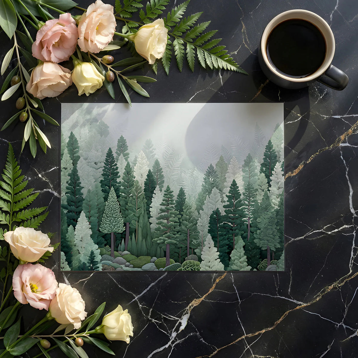 Mist-Covered Pine Forest Mural Wallpaper in Sage and Deep Green Mural Wallpaper - room preview 03