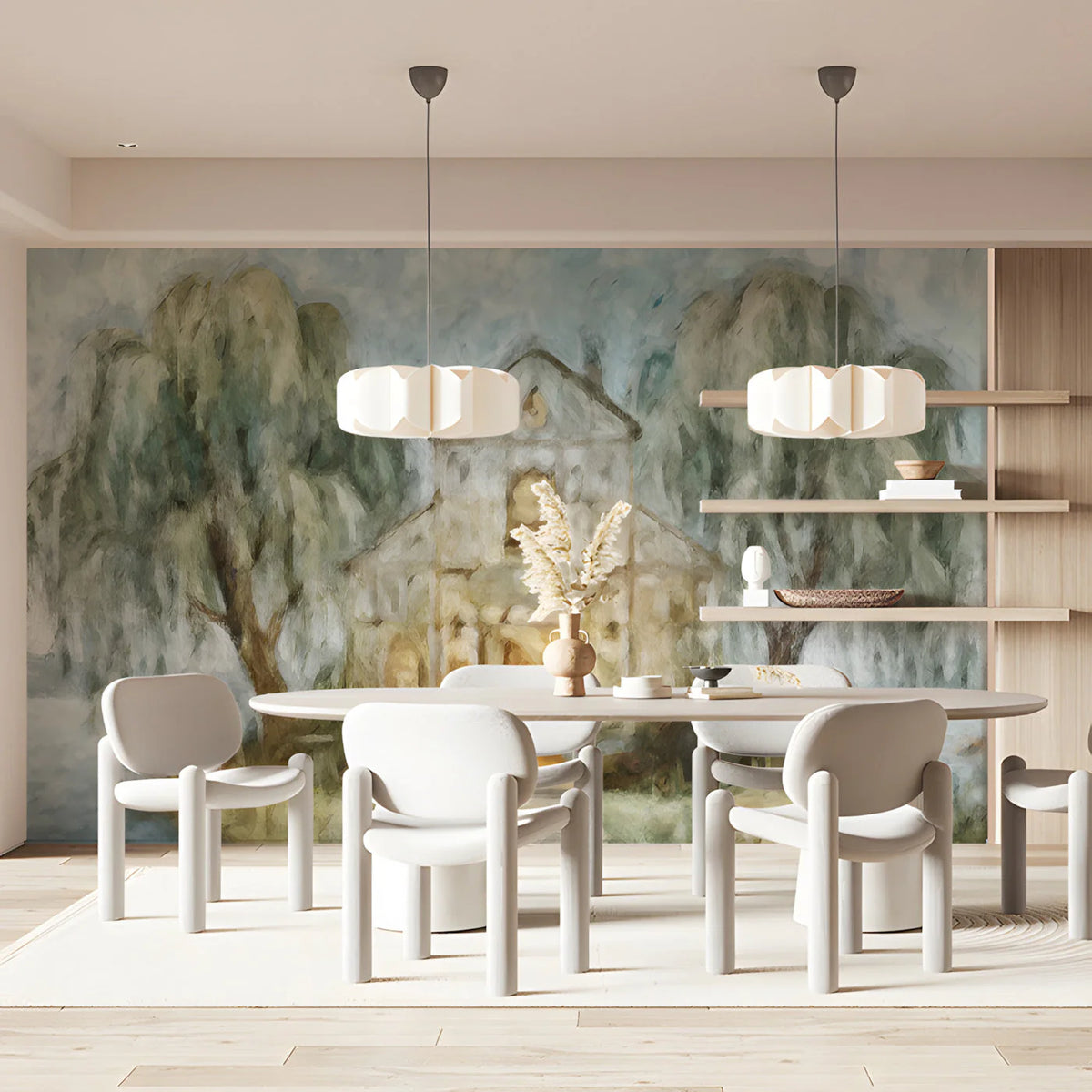 Willow Lakeside Chapel Mural Wallpaper — Impressionistic Scenery Mural Wallpaper - room preview 03