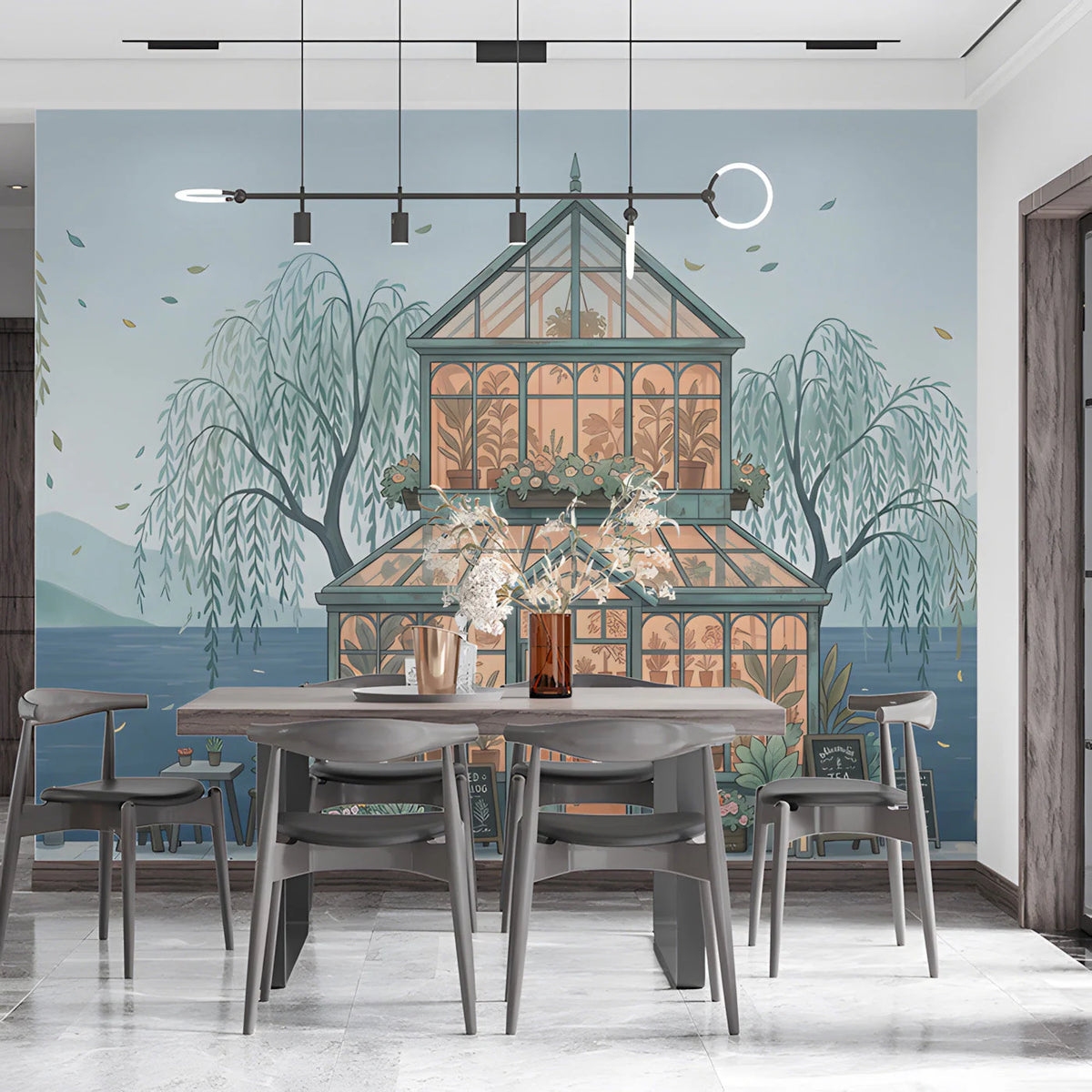 Riverside Greenhouse Mural Wallpaper — Whimsical Garden Scene Mural Wallpaper - room preview 03