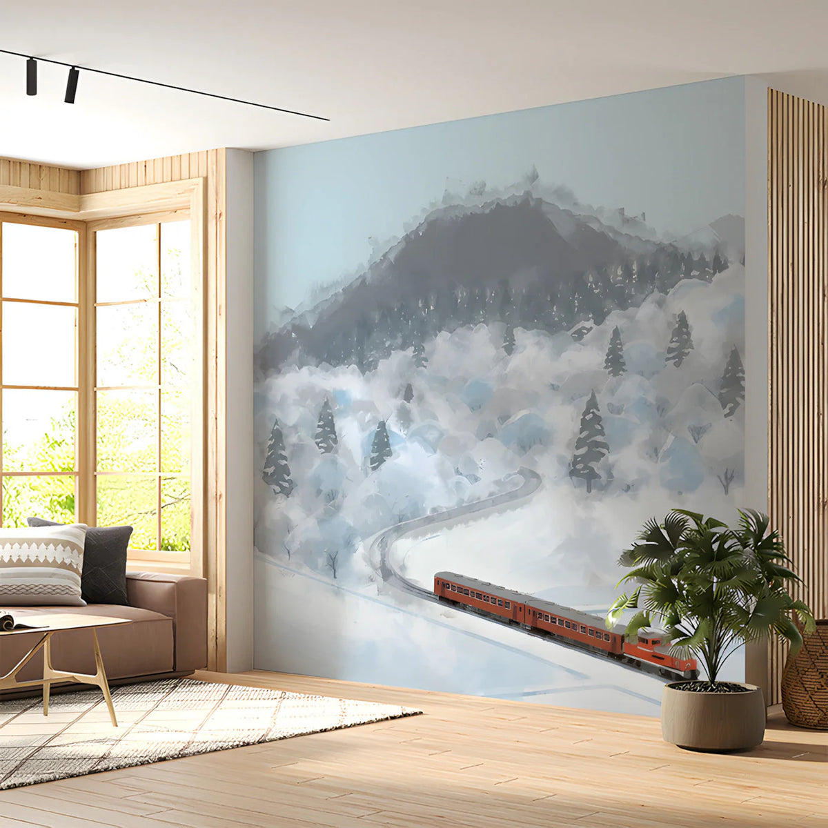 Winter Express Mountain Mural Wallpaper — Snowy Landscape Design Mural Wallpaper - room preview 03