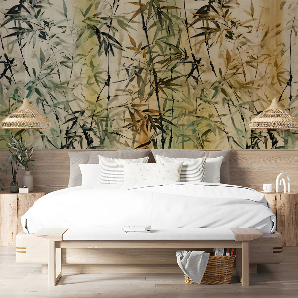 Zen Bamboo Ink Wash Mural Wallpaper — Earthy Botanical Design Mural Wallpaper - room preview 03