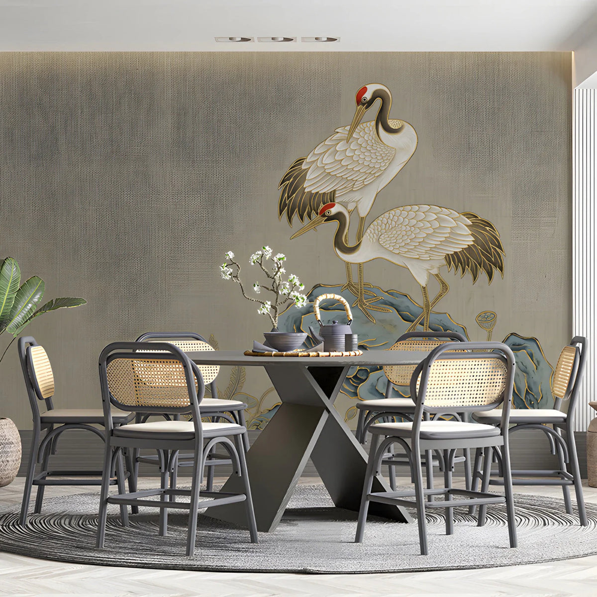 Crane and Rock Motif Mural Wallpaper in Neutral Linen Tones Mural Wallpaper - room preview 03