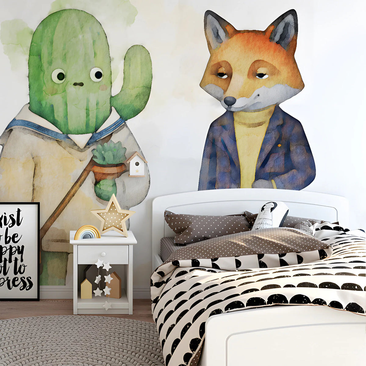 Cactus and Fox Friends Watercolor Mural Wallpaper - room preview 03