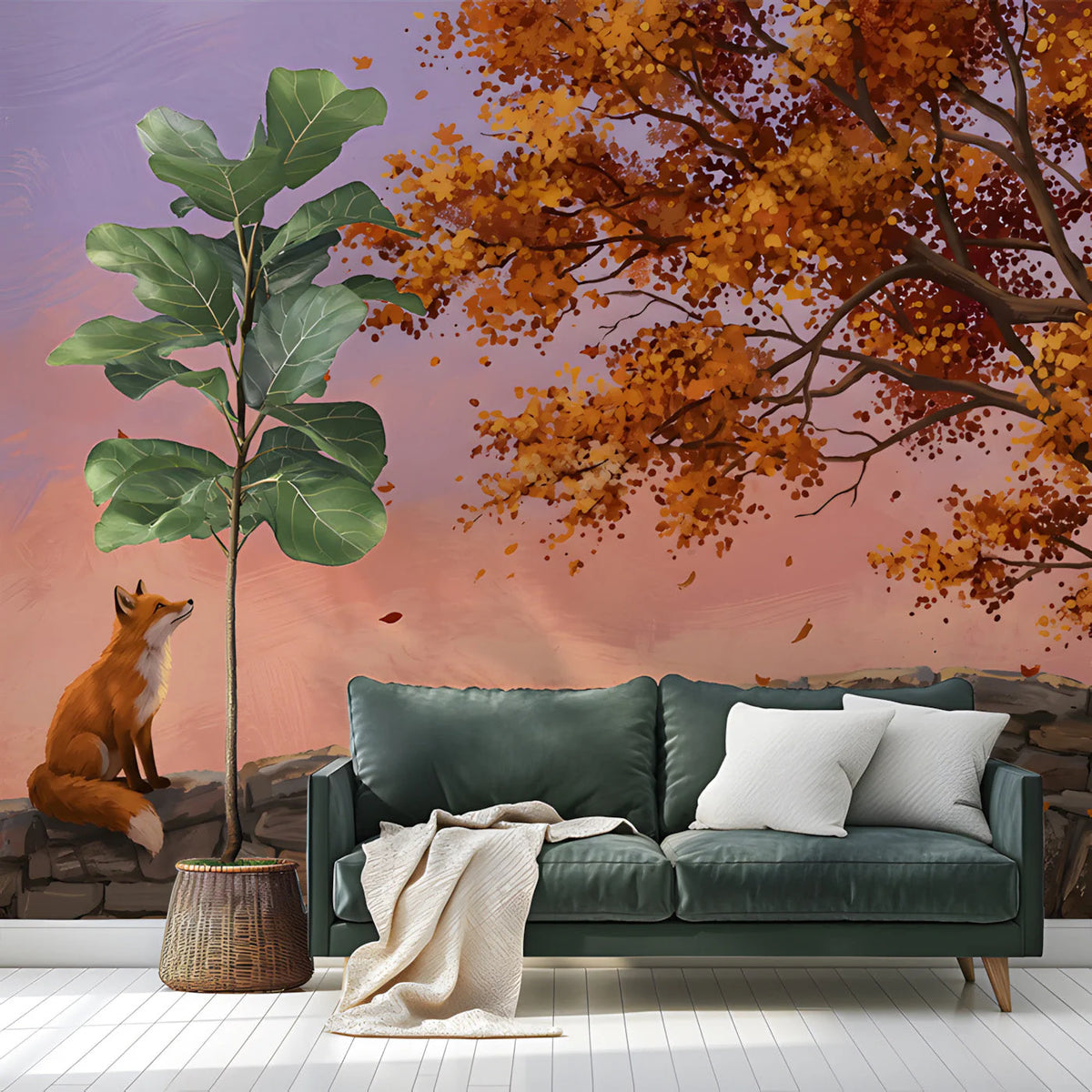 Autumn Fox and Stone Bridge Mural Wallpaper — Artistic Landscape Mural Wallpaper - room preview 03