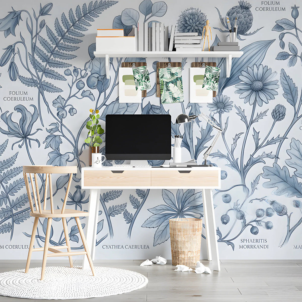 Botanical Study Mural Wallpaper in Classic Monochrome Blue Mural Wallpaper - room preview 03