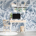 Botanical Study Mural Wallpaper in Classic Monochrome Blue Mural Wallpaper - room preview 03