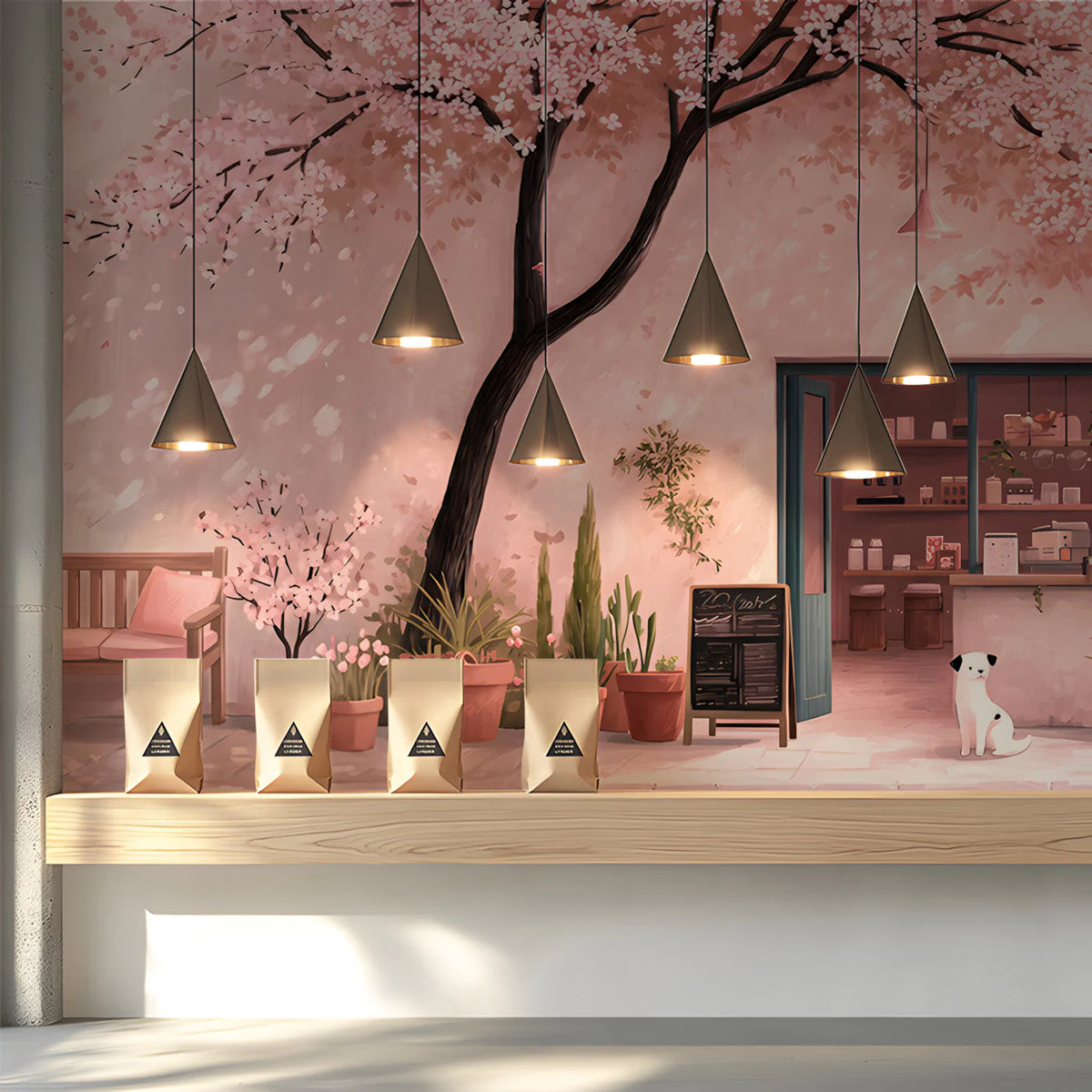 Sakura Café Mural Wallpaper — Whimsical Soft Pink Landscape Mural Wallpaper - room preview 03