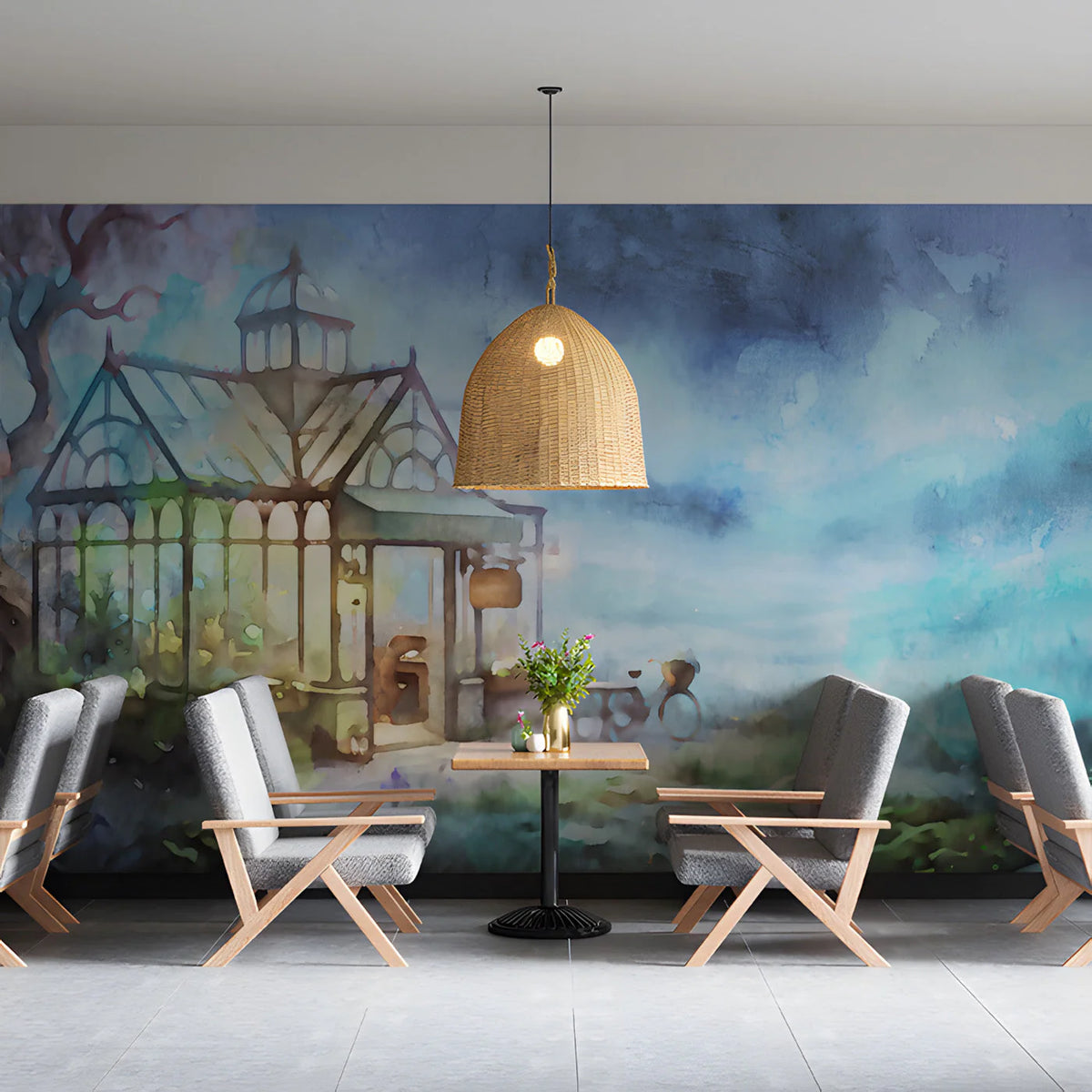 Watercolor Greenhouse Mural Wallpaper in Dreamy Blue Mural Wallpaper - room preview 03