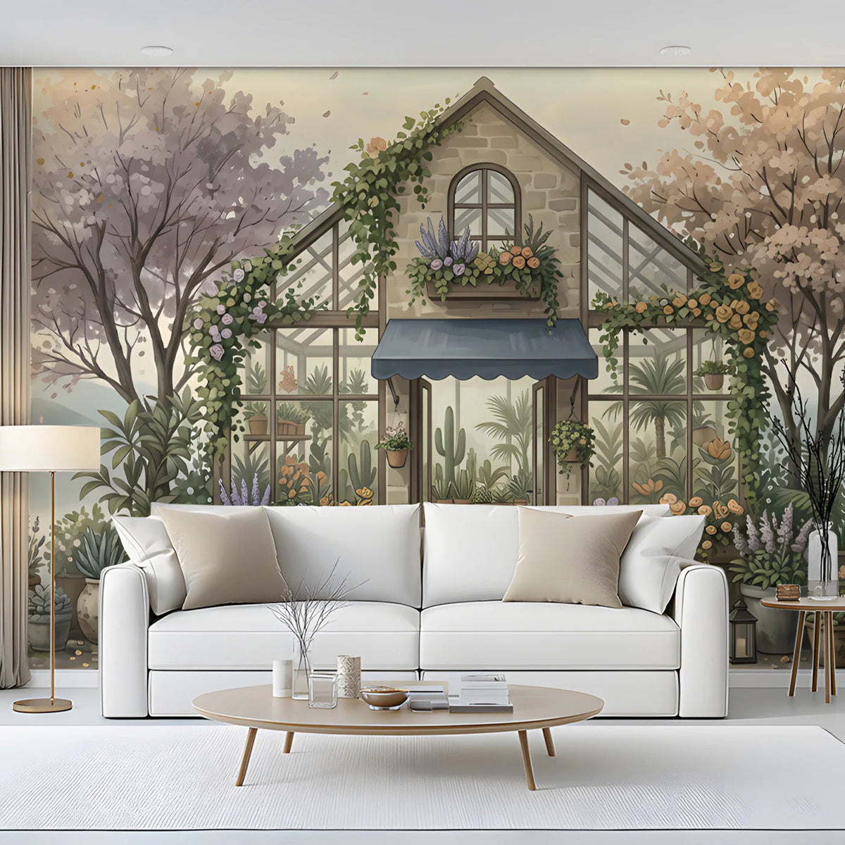 Greenhouse Garden Mural Wallpaper — Whimsical Floral Scene Mural Wallpaper - room preview 03