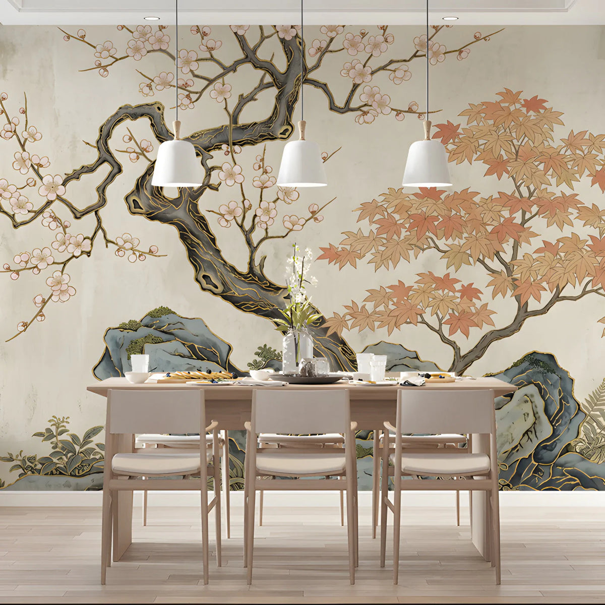 Chinoiserie Blossom and Stone Mural Wallpaper - room preview 03