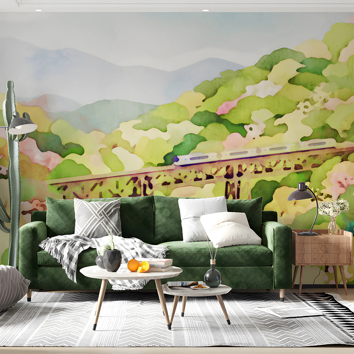Watercolor Train Trestle Landscape Mural Wallpaper - room preview 03