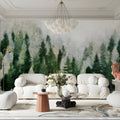 Misty Pine Forest Oil Painting Mural Wallpaper - room preview 03