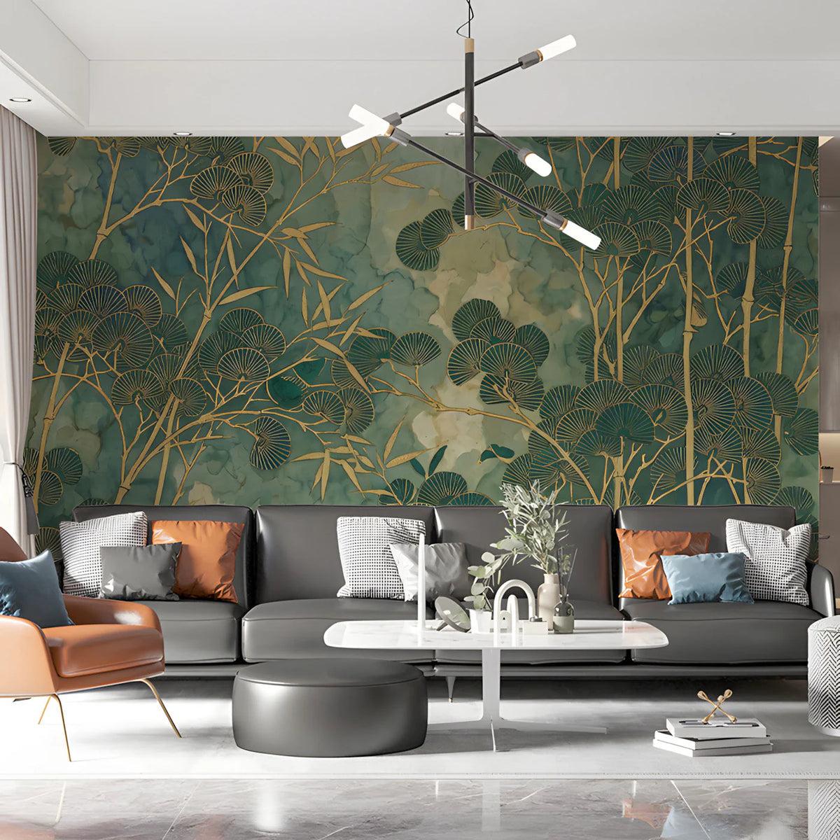 Gilded Bamboo Ink Wash Mural Wallpaper in Emerald Green Mural Wallpaper - room preview 03