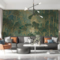 Gilded Bamboo Ink Wash Mural Wallpaper in Emerald Green Mural Wallpaper - room preview 03