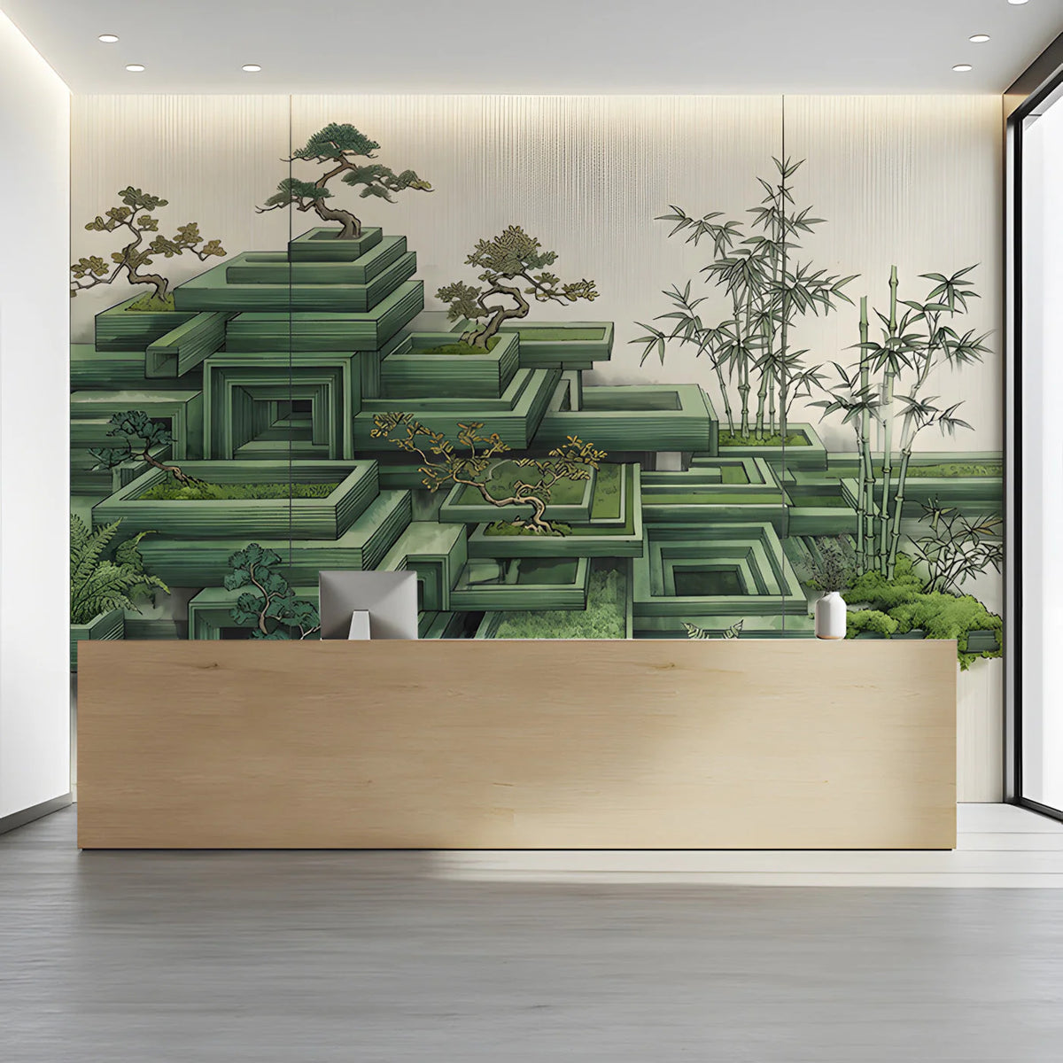 Zen Terrace Geometric Mural Wallpaper with Bonsai and Bamboo Mural Wallpaper - room preview 03