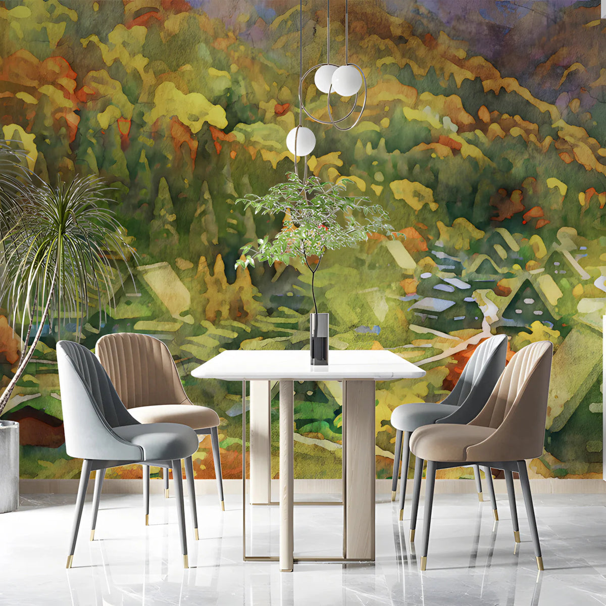 Autumnal Mountain Village Watercolor Mural Wallpaper - room preview 03