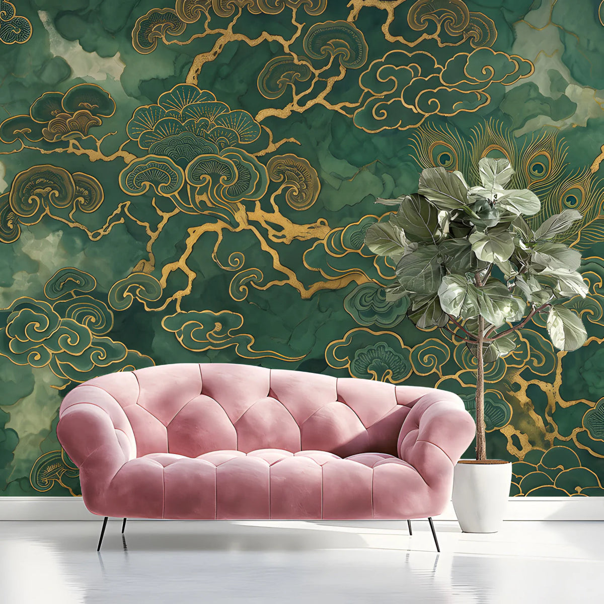 Gilded Pine and Peacock Mural Wallpaper in Emerald Mural Wallpaper - room preview 03