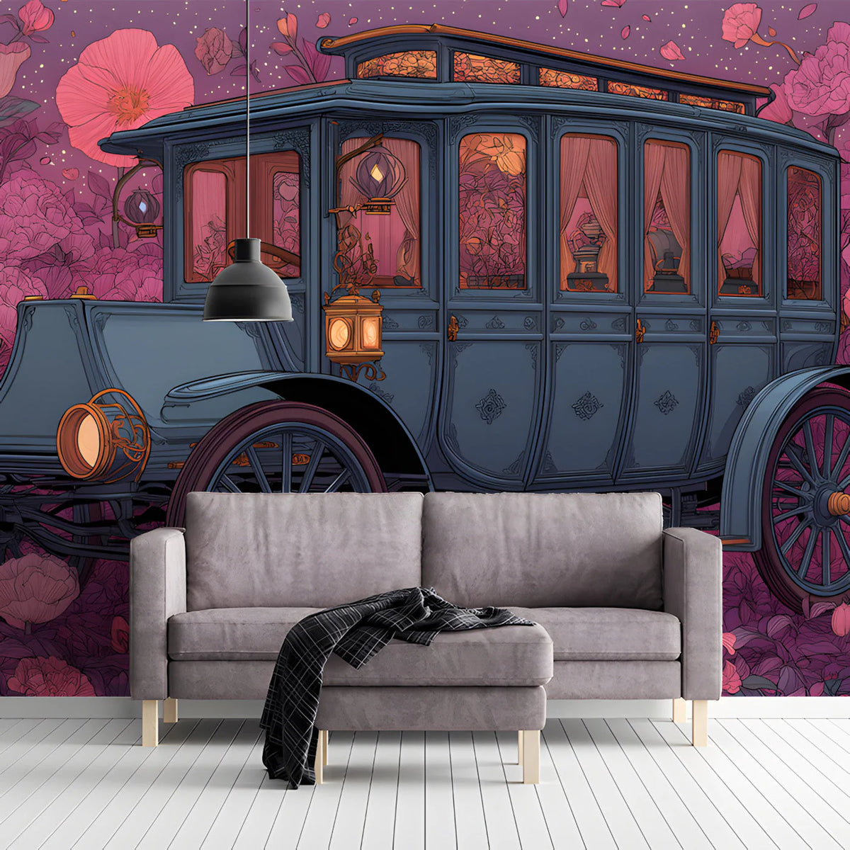 Vintage Carriage Floral Mural Wallpaper — Whimsical Garden Design Mural Wallpaper - room preview 03
